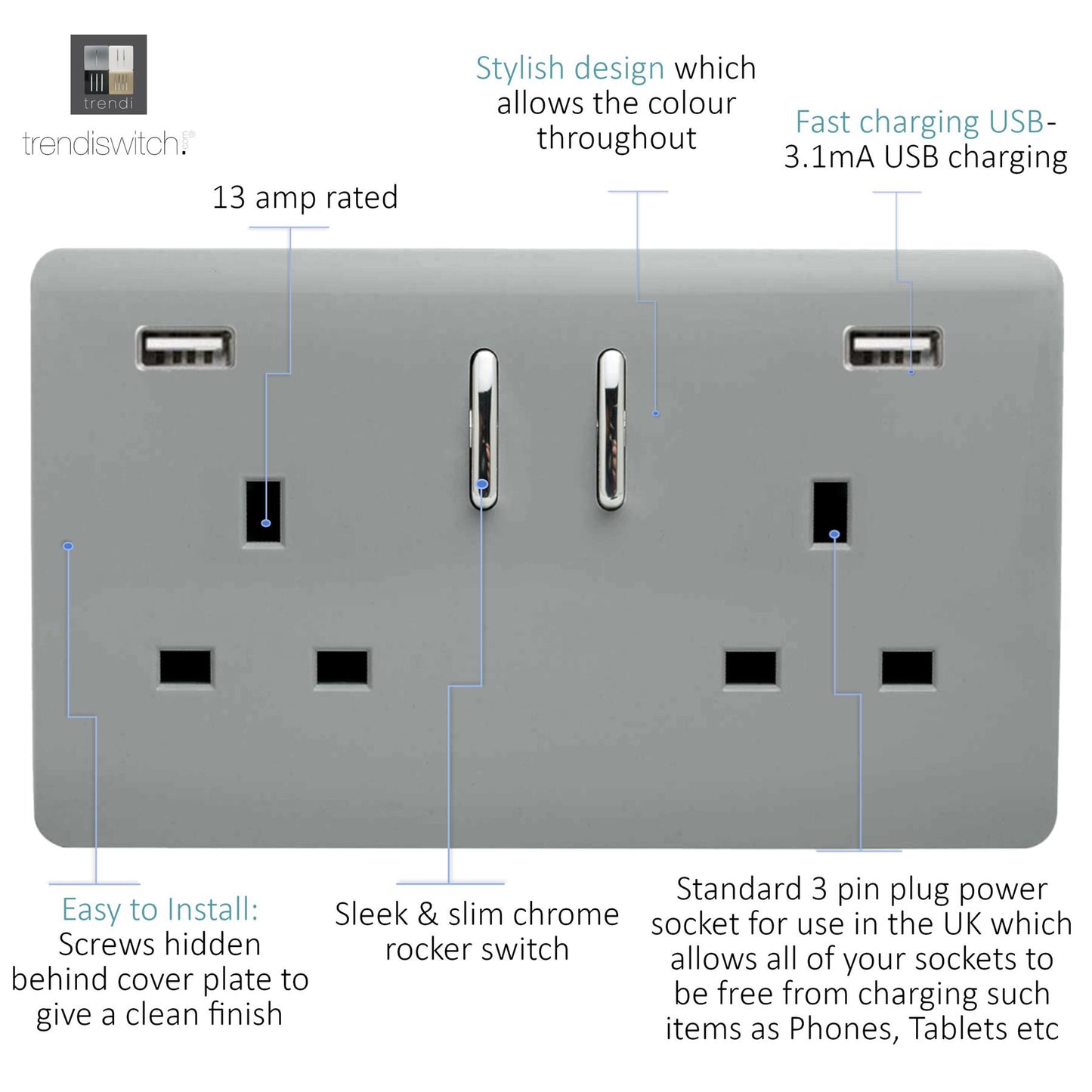 Trendi 2 Gang Artistic Modern Glossy 13 Amp 2 x 3.1mA USB Switched Plug Socket Silver