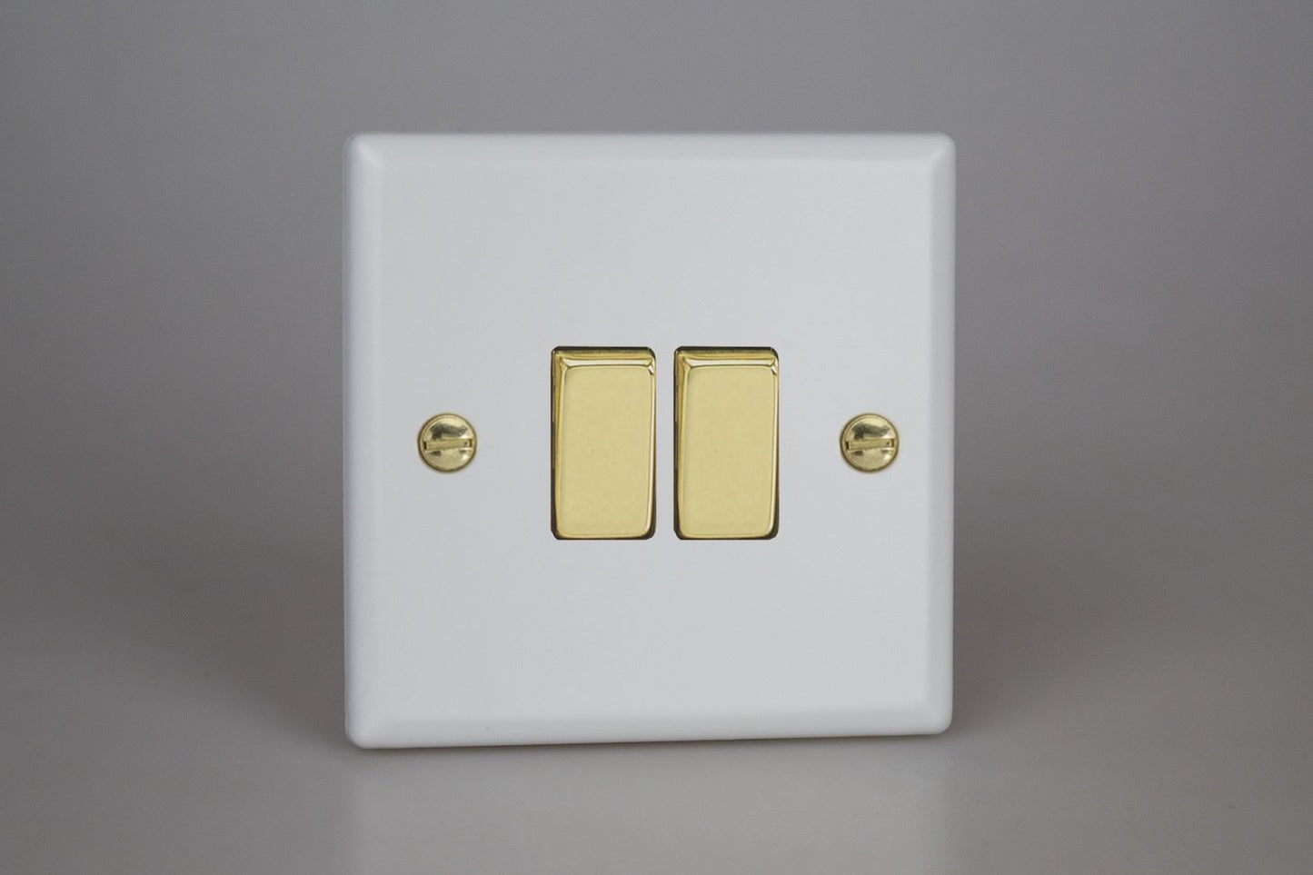 Varilight 2-Gang 10A 1- or 2-Way Rocker Switch in Vogue Matt White w/ Polished Brass