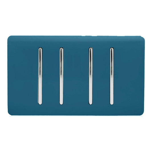 Trendi 4 Gang 2 way 240V Screwless Raised Front Twin Plate Plastic Artistic Modern Glossy 10 Amp Chrome Rocker Quad Electrical Wall Light Switch in Midnight Blue - ART-SS44MD