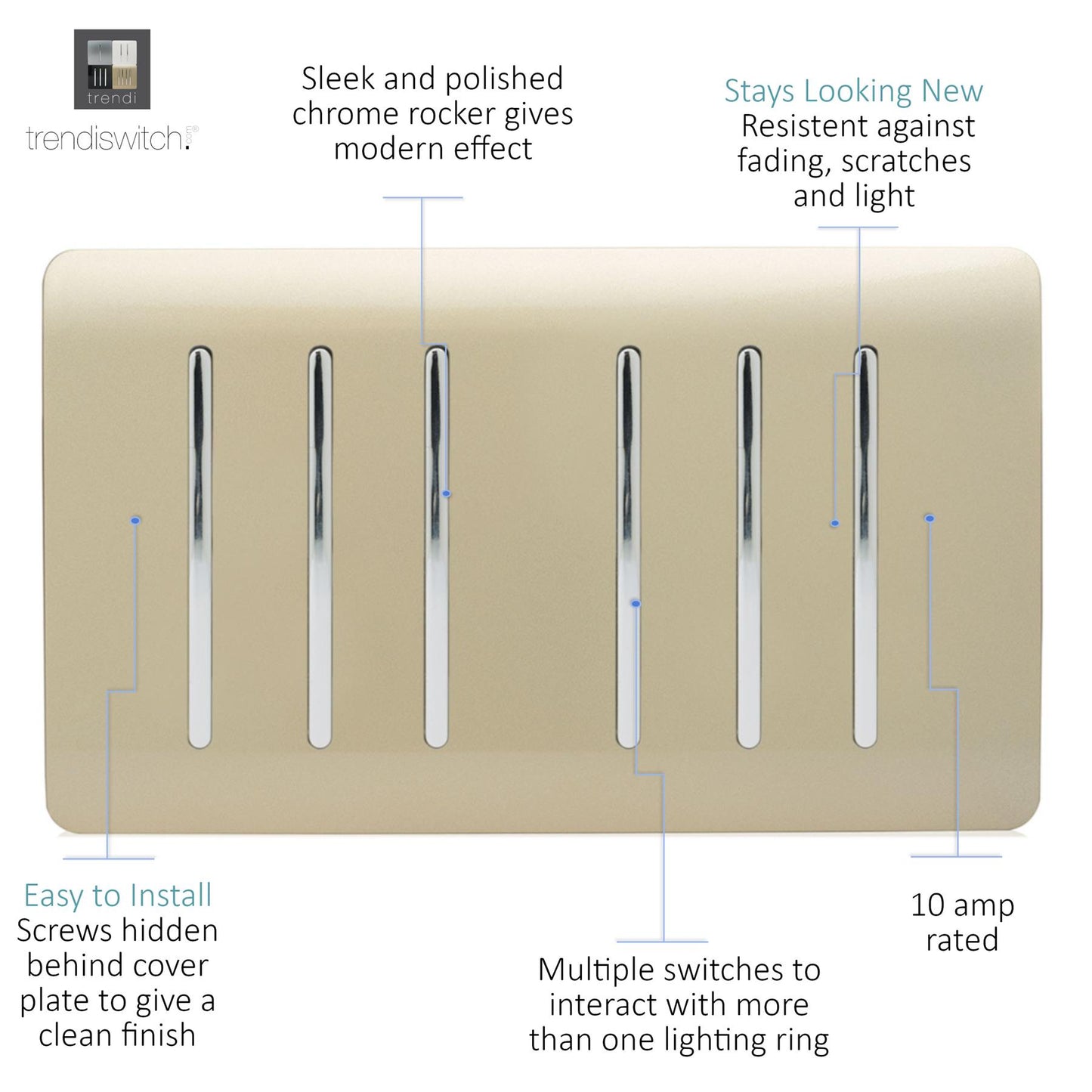 Trendi 6 Gang 2 way 240V Screwless Raised Front Twin Plate Plastic Artistic Modern Glossy 10 Amp Chrome Rocker Quad Electrical Wall Light Switch in Champagne Gold - ART-SS66GO