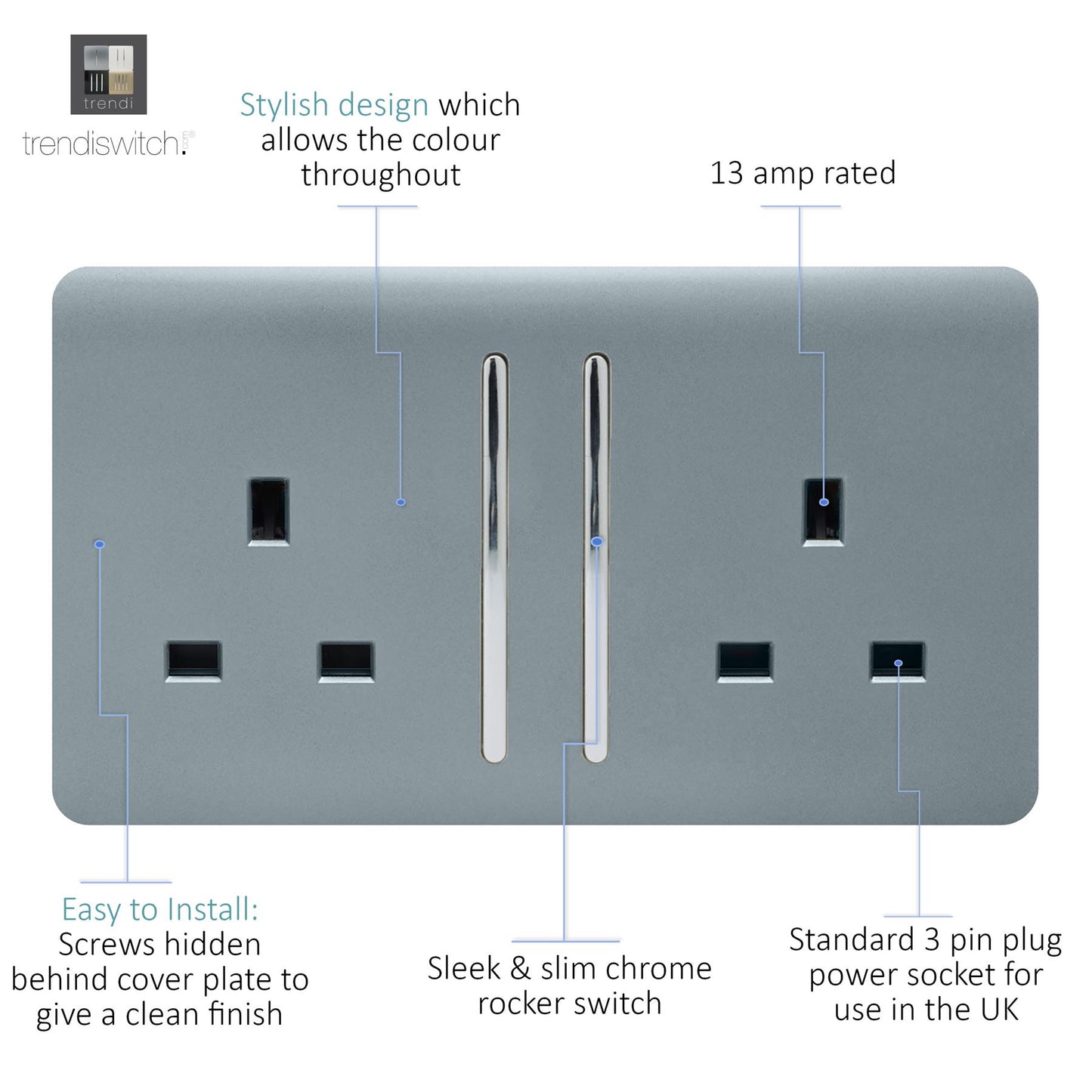 Trendi 2 Gang Artistic Modern Glossy 13 Amp Switched Tactile Plug Socket Cool Grey