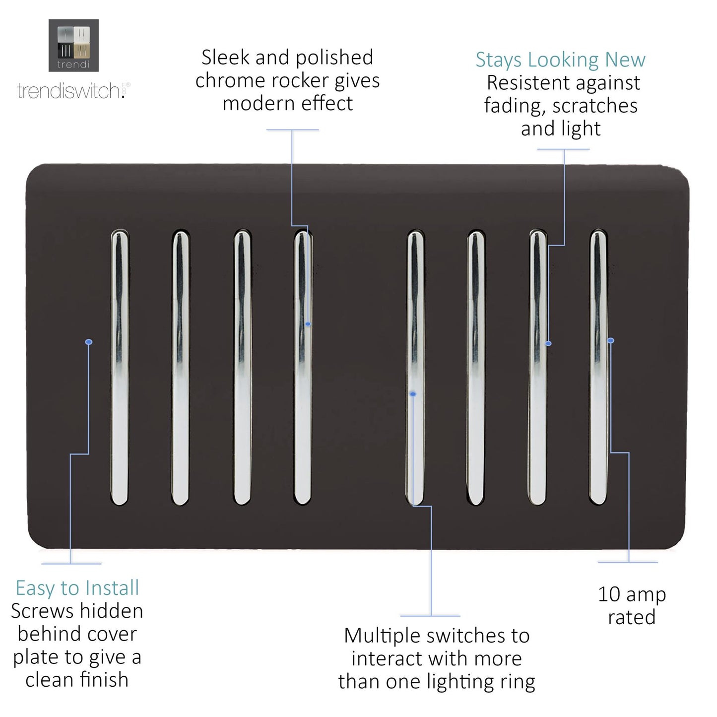 Trendi 8 Gang 2 way 240V Screwless Raised Front Twin Plate Plastic Artistic Modern Glossy 10 Amp Chrome Rocker Quad Electrical Wall Light Switch in Dark Mocha Brown - ART-SS88DB