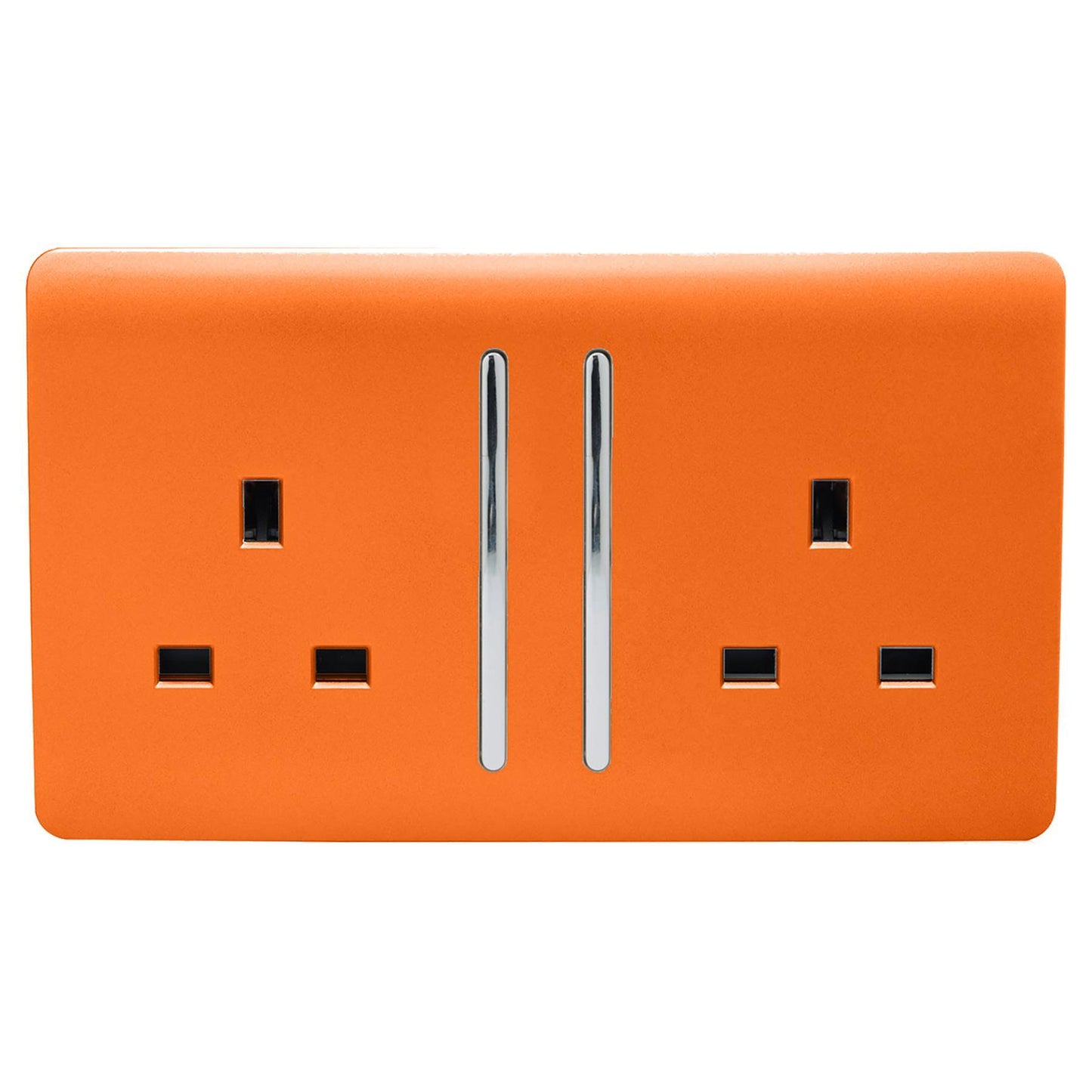Trendi 2 Gang Raised Artistic Modern Glossy Screwless 13 Amp Single Pole with Chrome Switched UK Standard Electrical Double Wall Plug Socket in Sunset Orange - ART-SKT213LOR