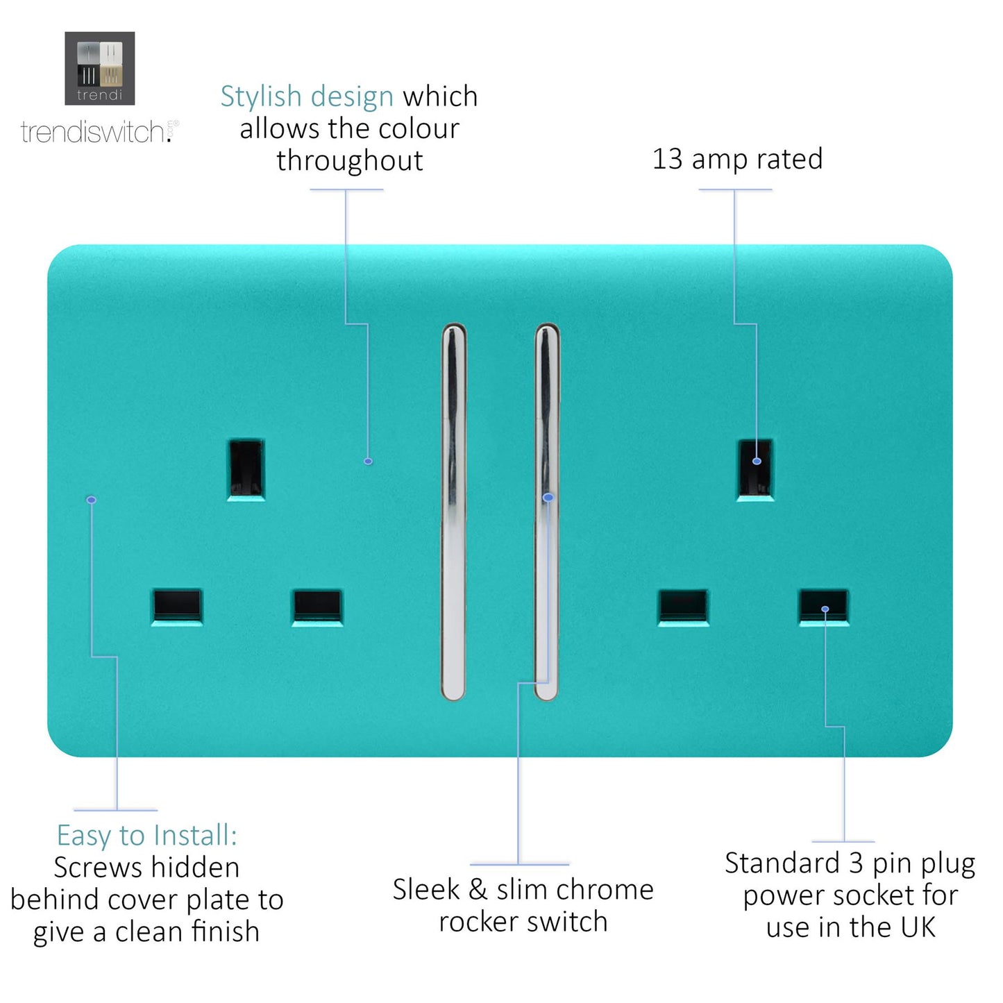 Trendi 2 Gang Artistic Modern Glossy 13 Amp Switched Tactile Plug Socket Bright Teal