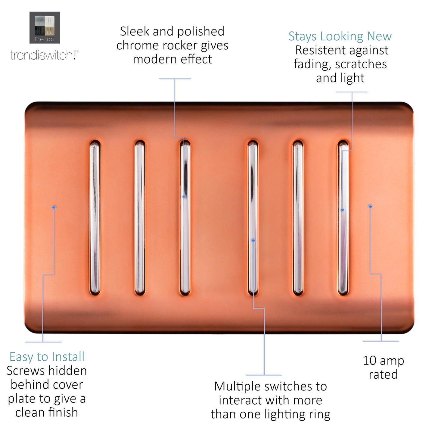 Trendi Artistic Modern Glossy 6 Gang 2 Way Rocker Double Plate Tactile Light Switch Copper