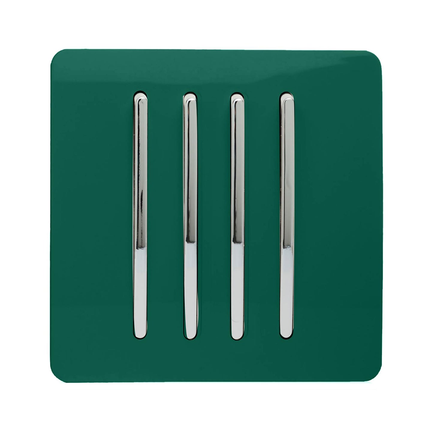 Trendi 4 Gang 2 way 240V Screwless Raised Front Plate Plastic Artistic Modern Glossy 10 Amp Chrome Rocker Quad Electrical Wall Light Switch in Dark Forest Green