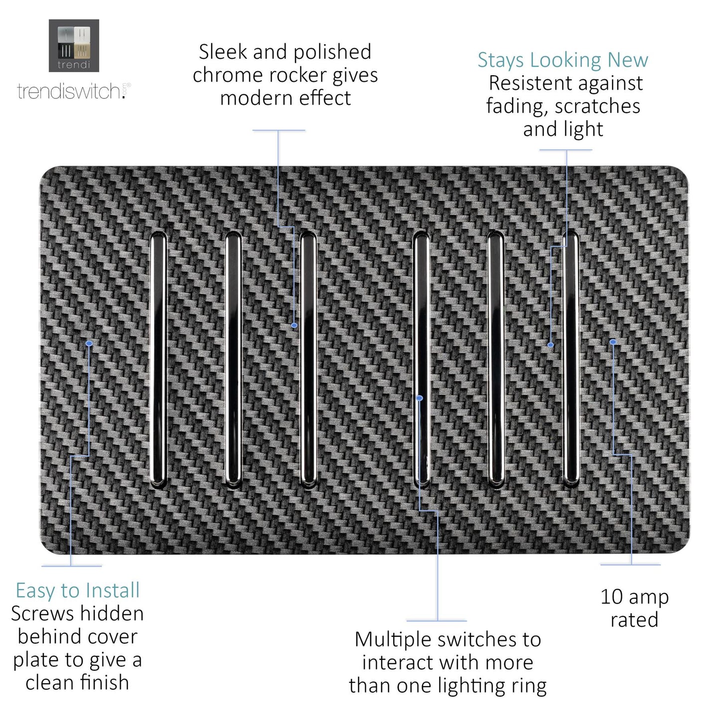 Trendi 6 Gang 2 way 240V Screwless Raised Front Twin Plate Plastic Artistic Modern Glossy 10 Amp Chrome Rocker Quad Electrical Wall Light Switch in Carbon Fibre - ART-SS66CF