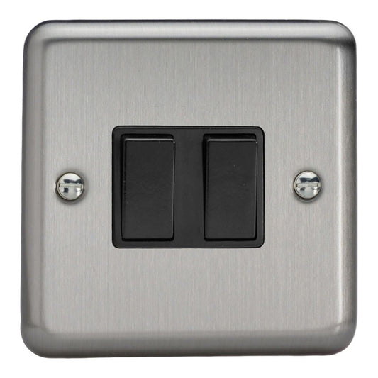 Varilight 2 Gang 2 Way 10A Rocker Light Switch Brushed Matt Chrome Black Insert XS2B