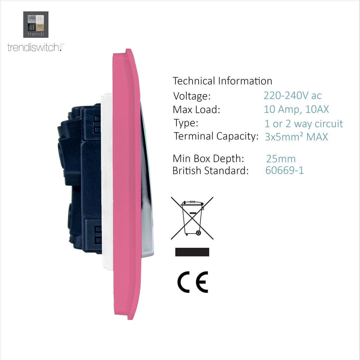Trendi 2 Gang 2 Way 240V Screwless Raised Front Plate Plastic Artistic Modern Glossy 10 Amp Chrome Rocker Single Electrical Wall Light Switch Candy Pink - ART-SS4PK