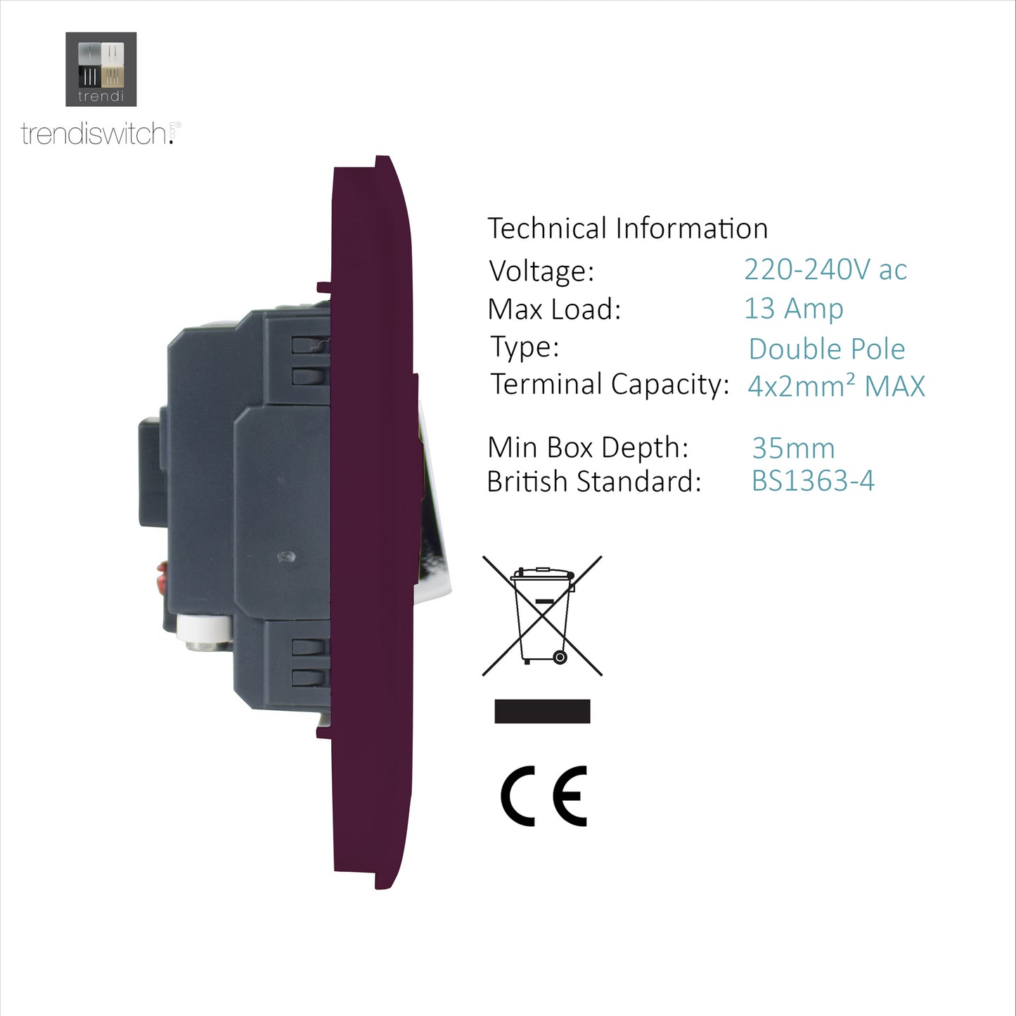 Trendi Switch Screwless Artistic Modern Glossy Tactile 230V Switched 13 A Single Fused Spur Connection Unit with Flex Outlet Chrome Rocker in Plum Purple