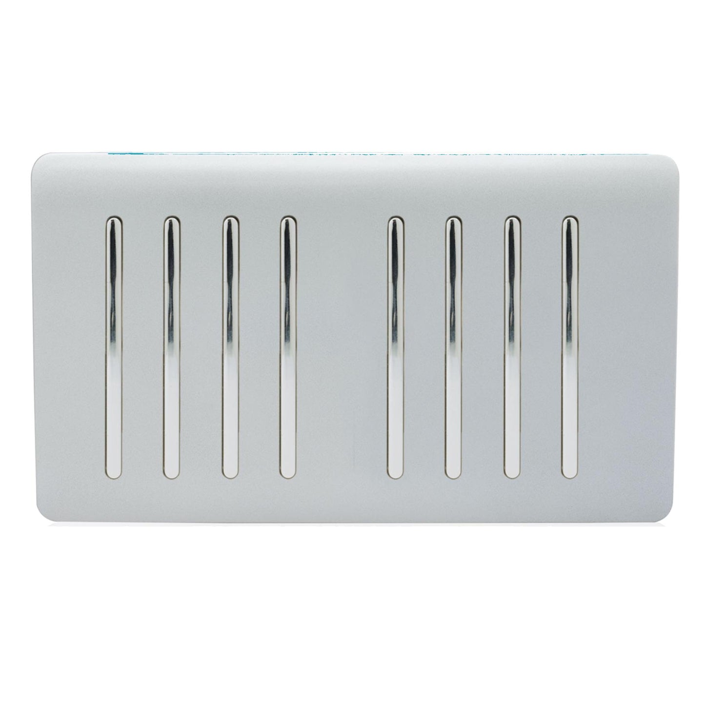 Trendi 8 Gang 2 way 240V Screwless Raised Front Twin Plate Plastic Artistic Modern Glossy 10 Amp Chrome Rocker Quad Electrical Wall Light Switch in Platinum Silver- ART-SS88SI