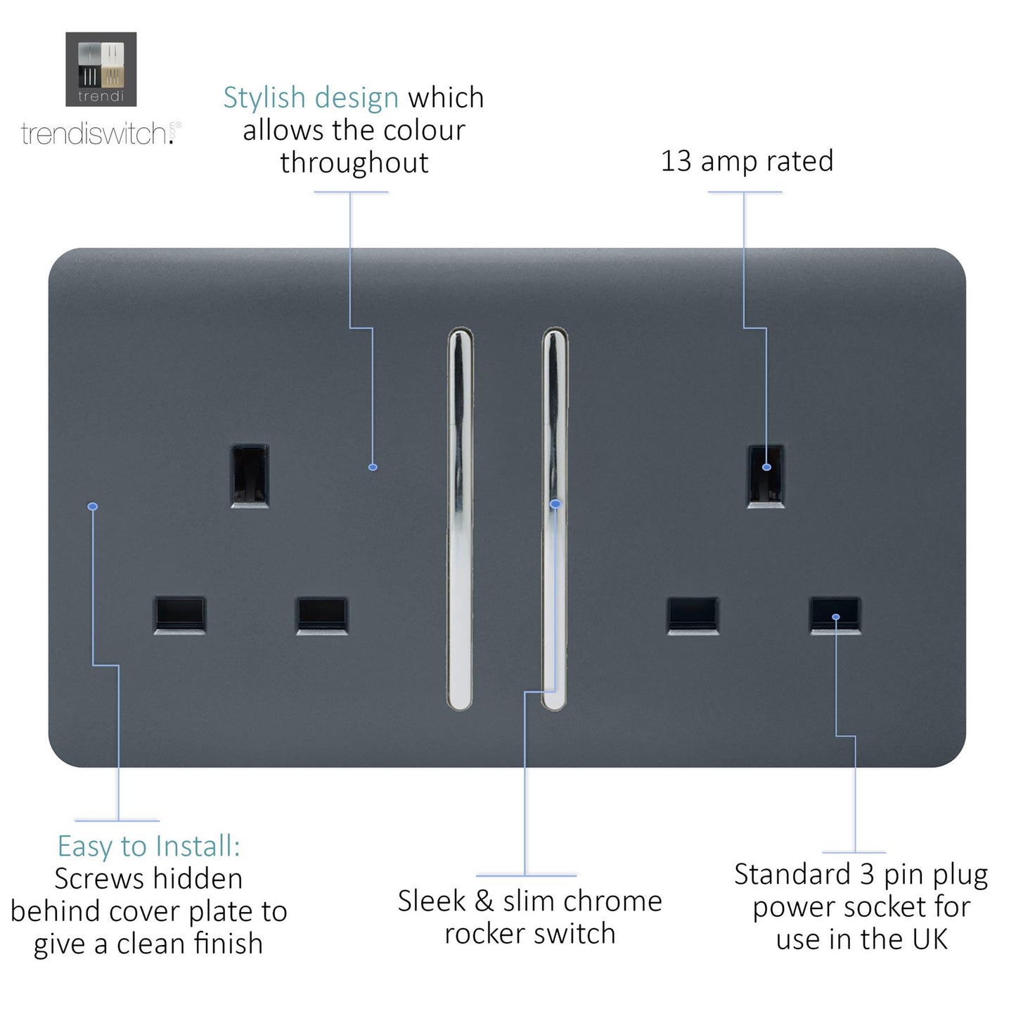 Trendi 2 Gang Artistic Modern Glossy 13 Amp Switched Tactile Plug Socket Warm Grey