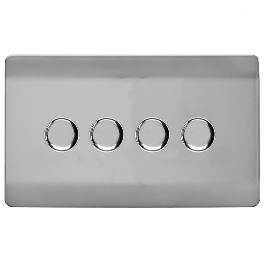 Trendi 4 Gang 2 Way 240V 100w LED Dimmer Screwless Raised Front Plate Plastic Artistic Modern Glossy 10 Amp Chrome Single Electrical Wall Light Switch in Brushed Steel - ART-4LDMBS