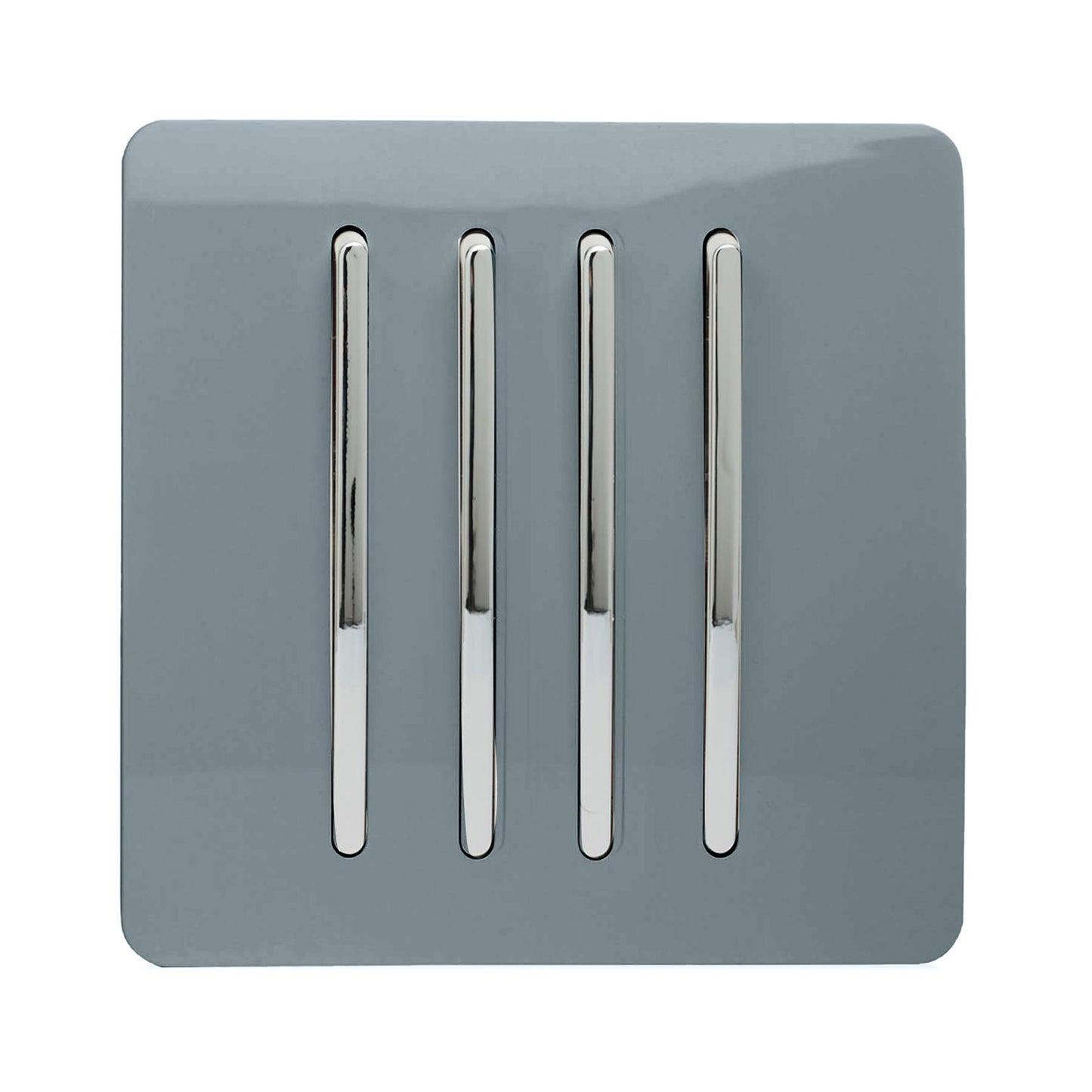 Trendi 4 Gang 2 way 240V Screwless Raised Front Plate Plastic Artistic Modern Glossy 10 Amp Chrome Rocker Quad Electrical Wall Light Switch in Cool Grey