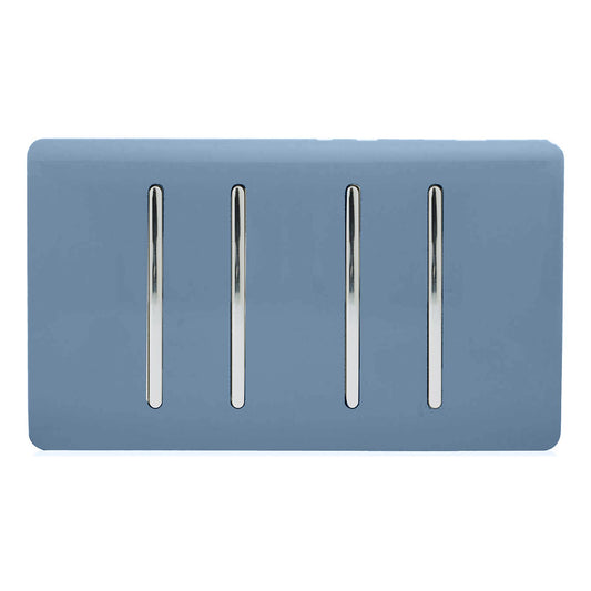 Trendi 4 Gang 2 way 240V Screwless Raised Front Twin Plate Plastic Artistic Modern Glossy 10 Amp Chrome Rocker Quad Electrical Wall Light Switch in Sky Blue- ART-SS44SK
