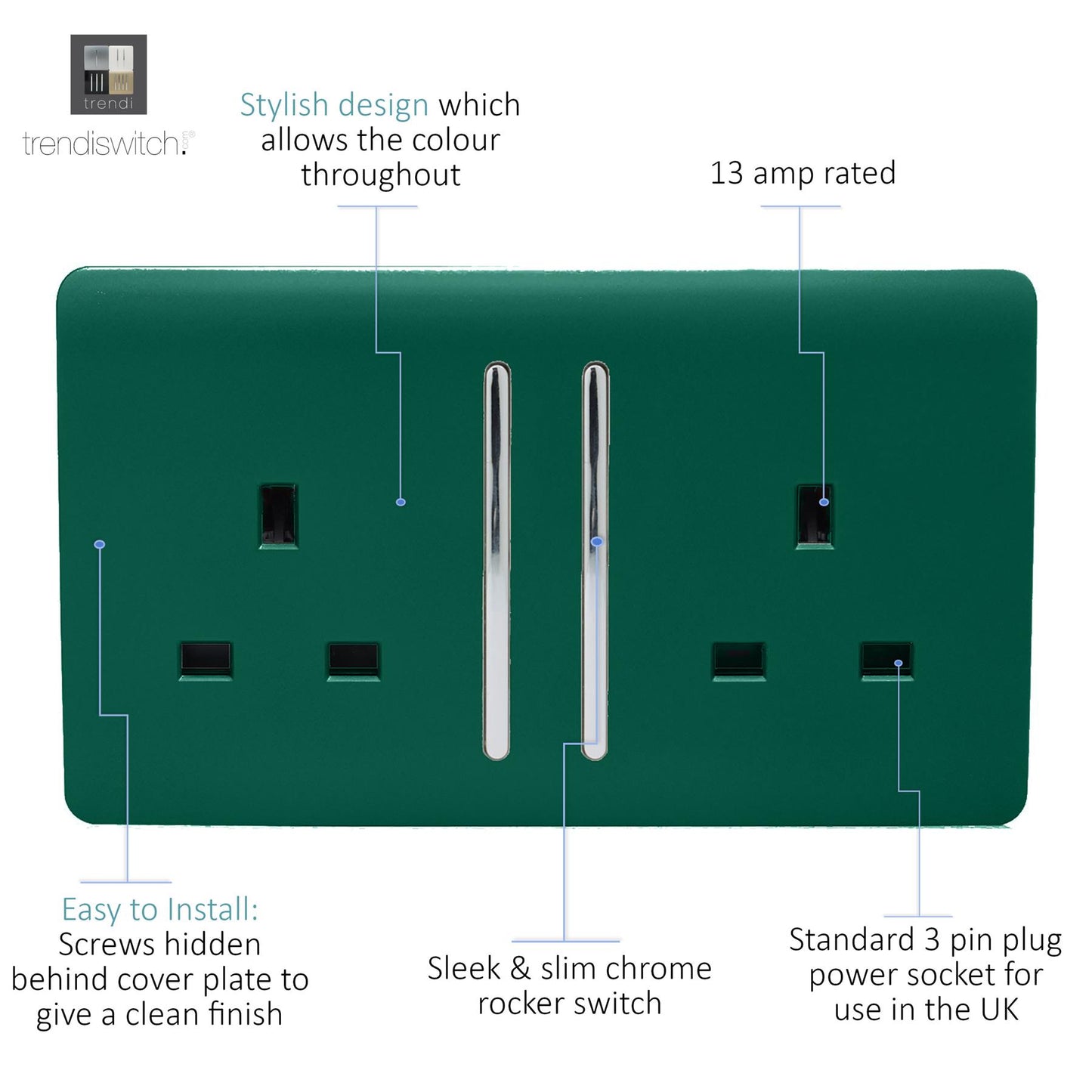 Trendi 2 Gang Artistic Modern Glossy 13 Amp Switched Tactile Plug Socket Dark Green