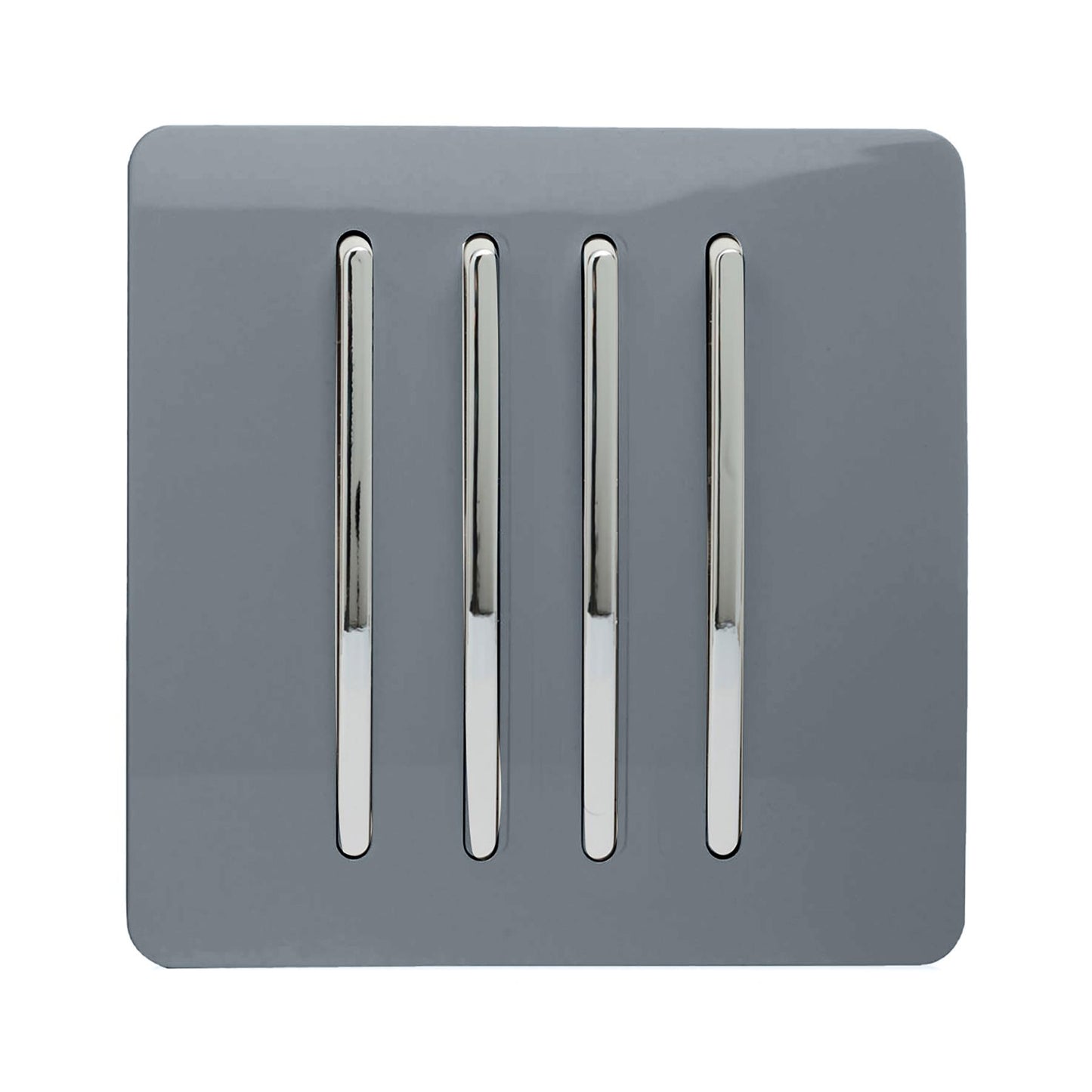 Trendi 4 Gang 2 way 240V Screwless Raised Front Plate Plastic Artistic Modern Glossy 10 Amp Chrome Rocker Quad Electrical Wall Light Switch in Warm Grey