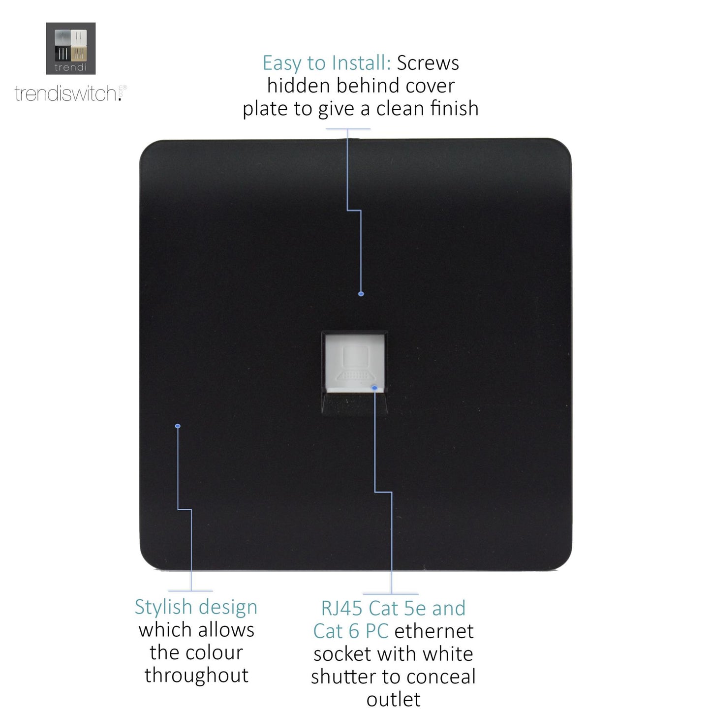 Trendi  RJ45 Cat 5e & Cat 6 Ethernet Socket Matt Black Soft Touch - ART-PCSTB
