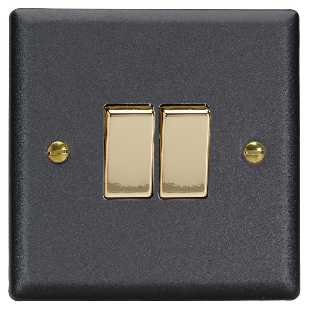 Varilight 2-Gang 10A 1- or 2-Way Rocker Switch in Vogue Matt Black w/ Polished Brass