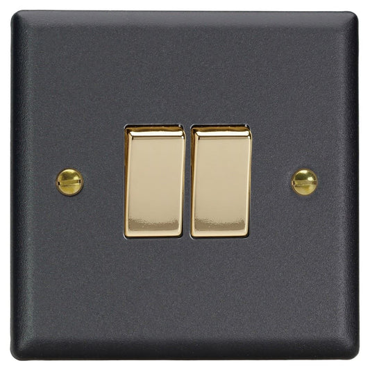 Varilight 2-Gang 10A 1- or 2-Way Rocker Switch in Vogue Matt Black w/ Polished Brass