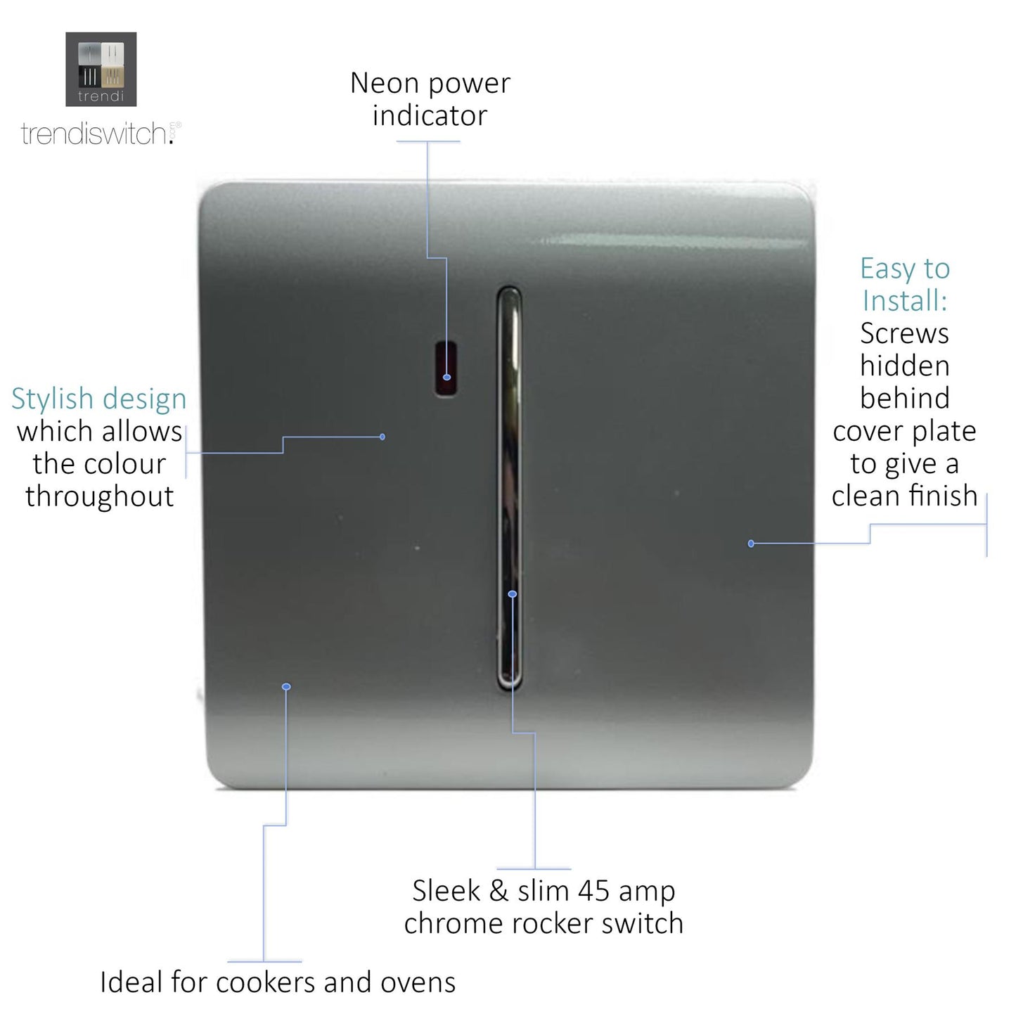 Trendi Artistic Modern 45 A Cooker Light Switch & Neon Insert Silver ART-WHS2SI