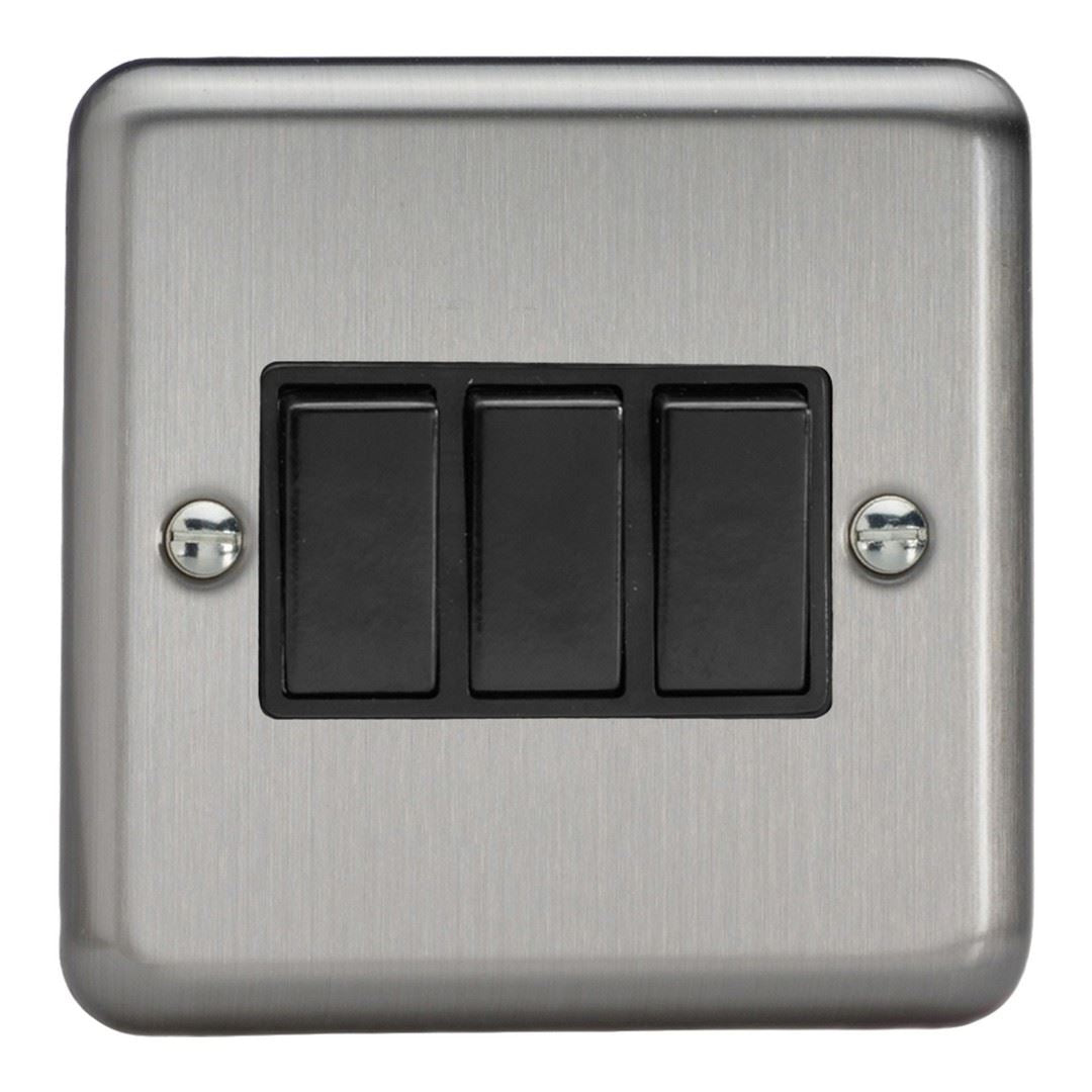 Varilight 3 Gang 1 or 2 Way 10A Rocker Light Switch Brushed Matt Chrome Black Insert XS3B