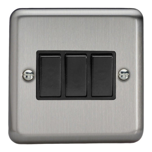Varilight 3 Gang 1 or 2 Way 10A Rocker Light Switch Brushed Matt Chrome Black Insert XS3B